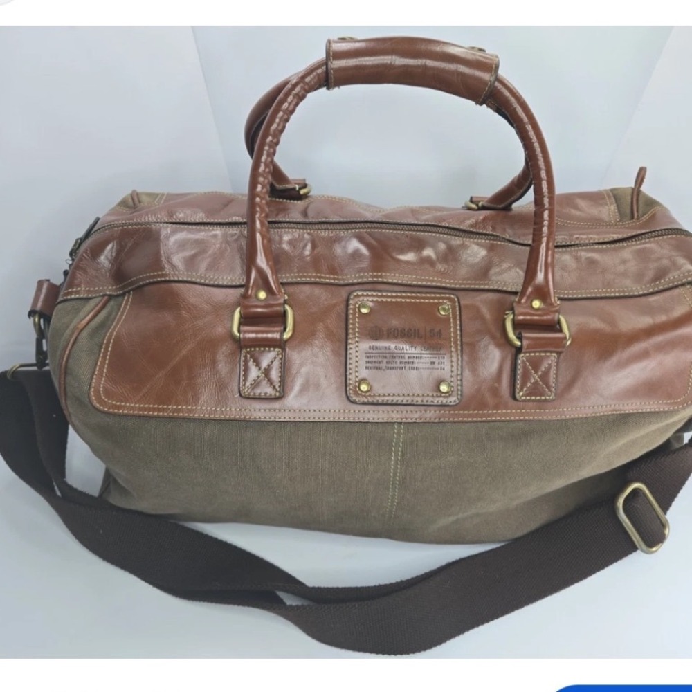 Fossil Duffel Bag Unisex Large Olive Brown 54 Canvas Leather Weekend Travel Bag